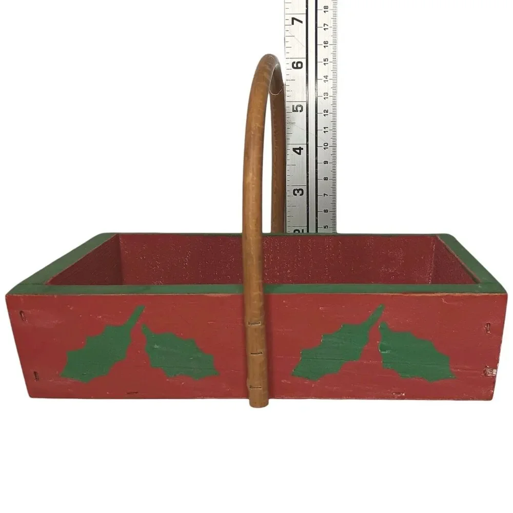 Wood Christmas Basket Red & Green Holly Leaves Design Rectangle With Handle